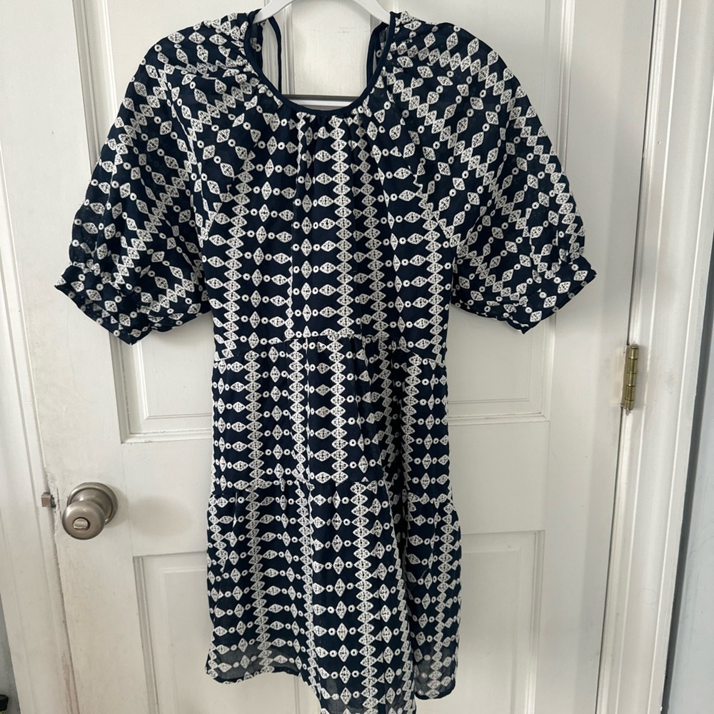 Maje Blue and White Sundress with Puffed Raglan Sleeves and Flared Skirt